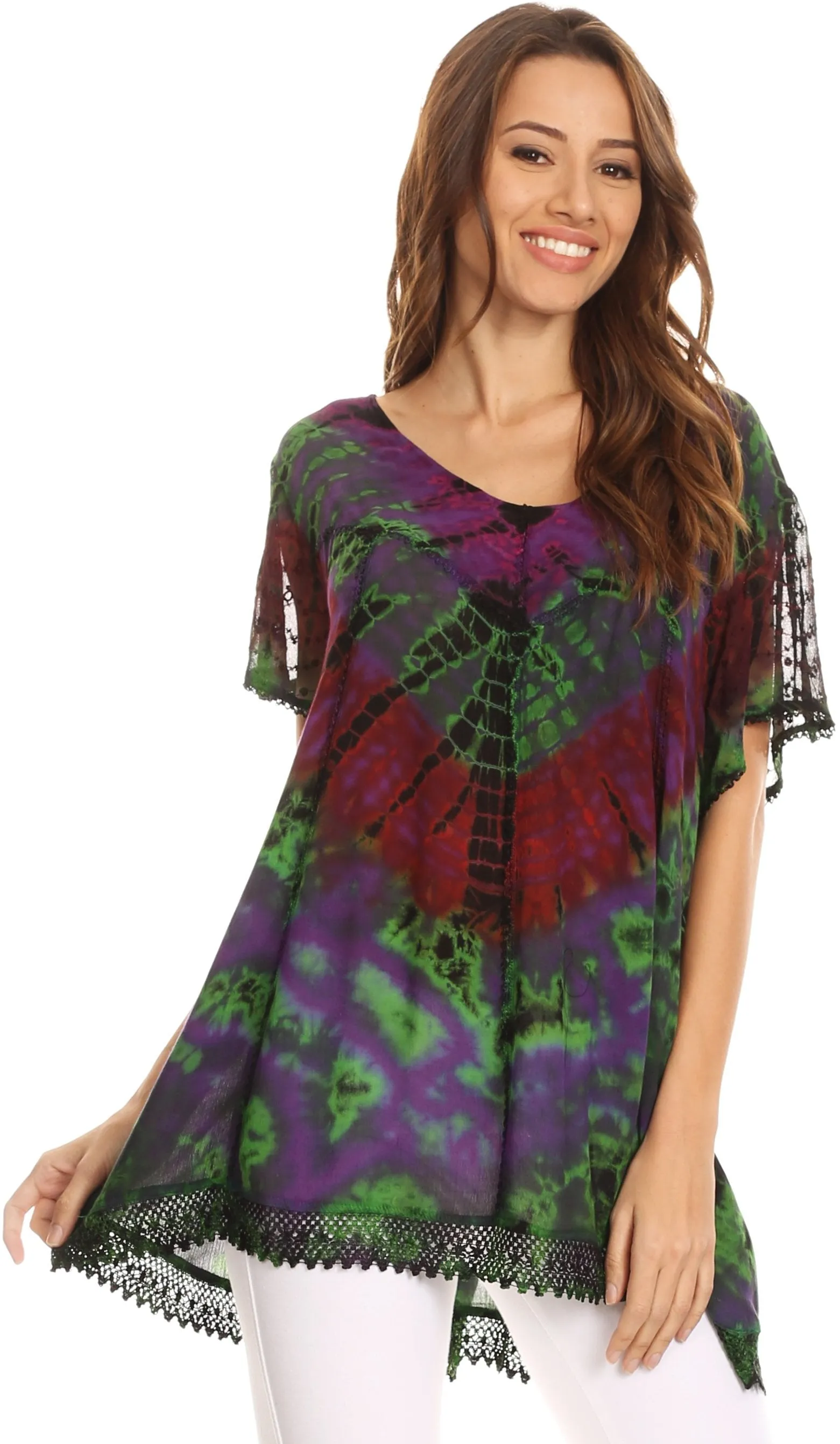 Sakkas Josea Relaxed Fit Tie Dye Embroidered Crepe Cap Sleeve Blouse | Cover Up