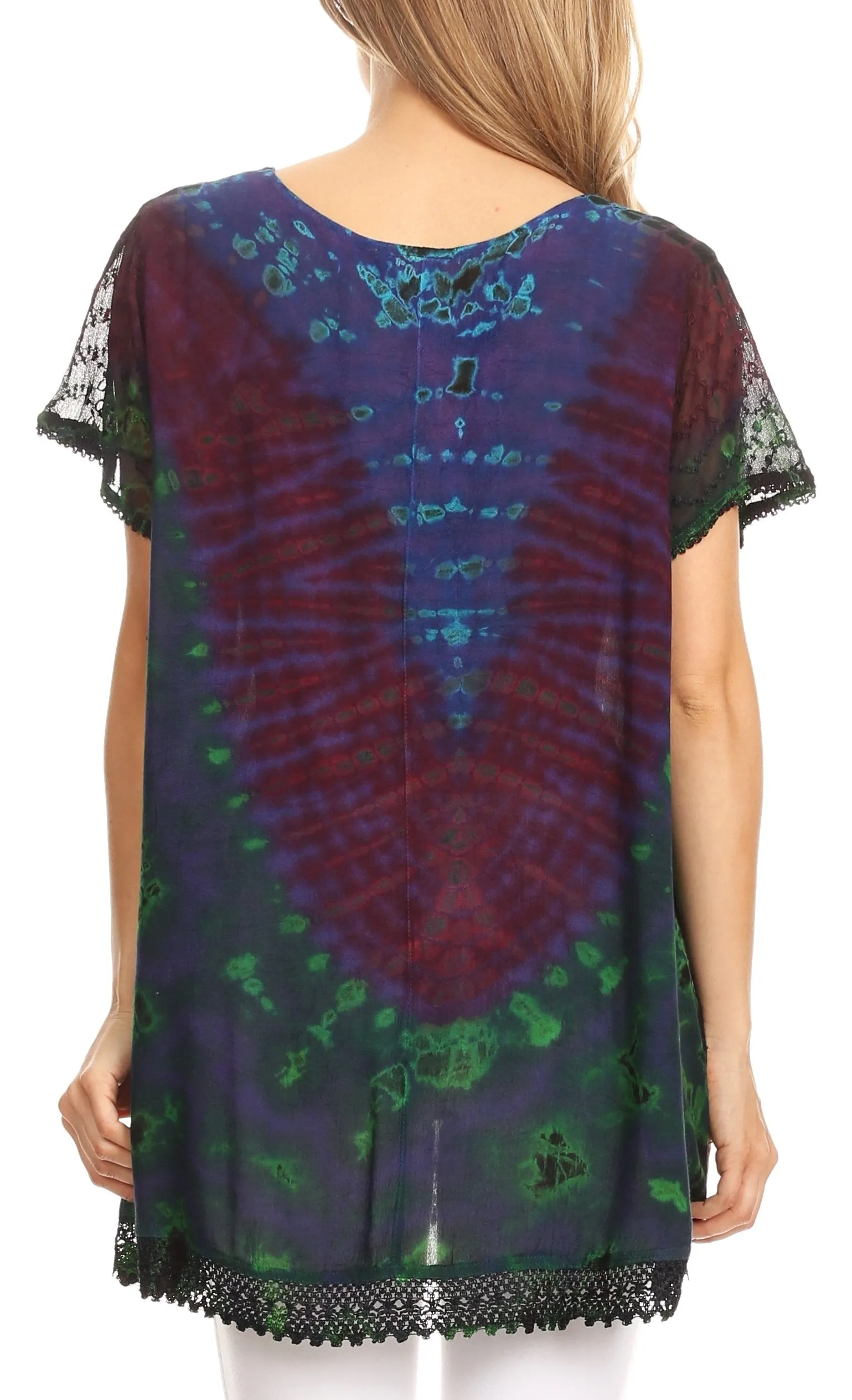 Sakkas Josea Relaxed Fit Tie Dye Embroidered Crepe Cap Sleeve Blouse | Cover Up