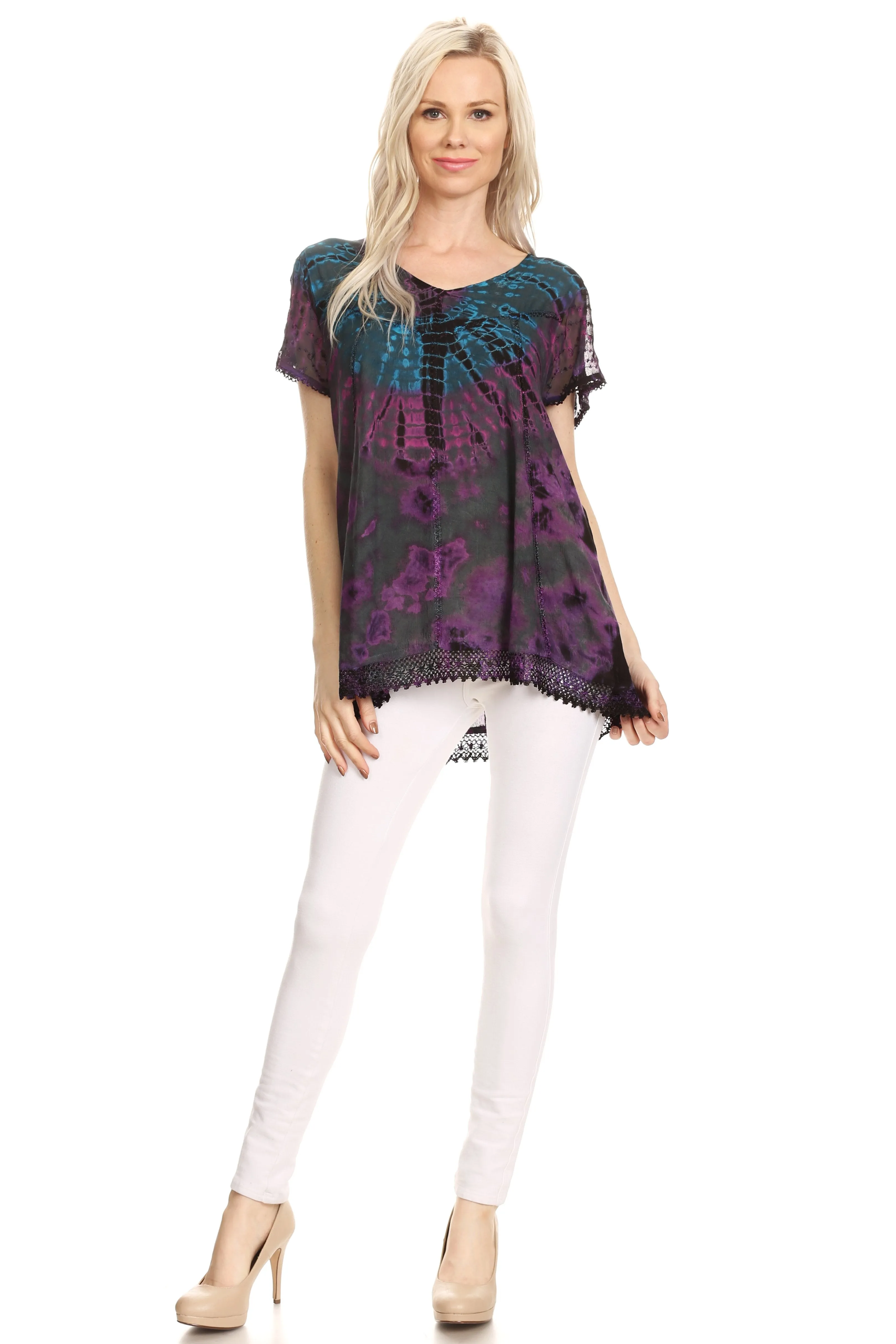 Sakkas Josea Relaxed Fit Tie Dye Embroidered Crepe Cap Sleeve Blouse | Cover Up