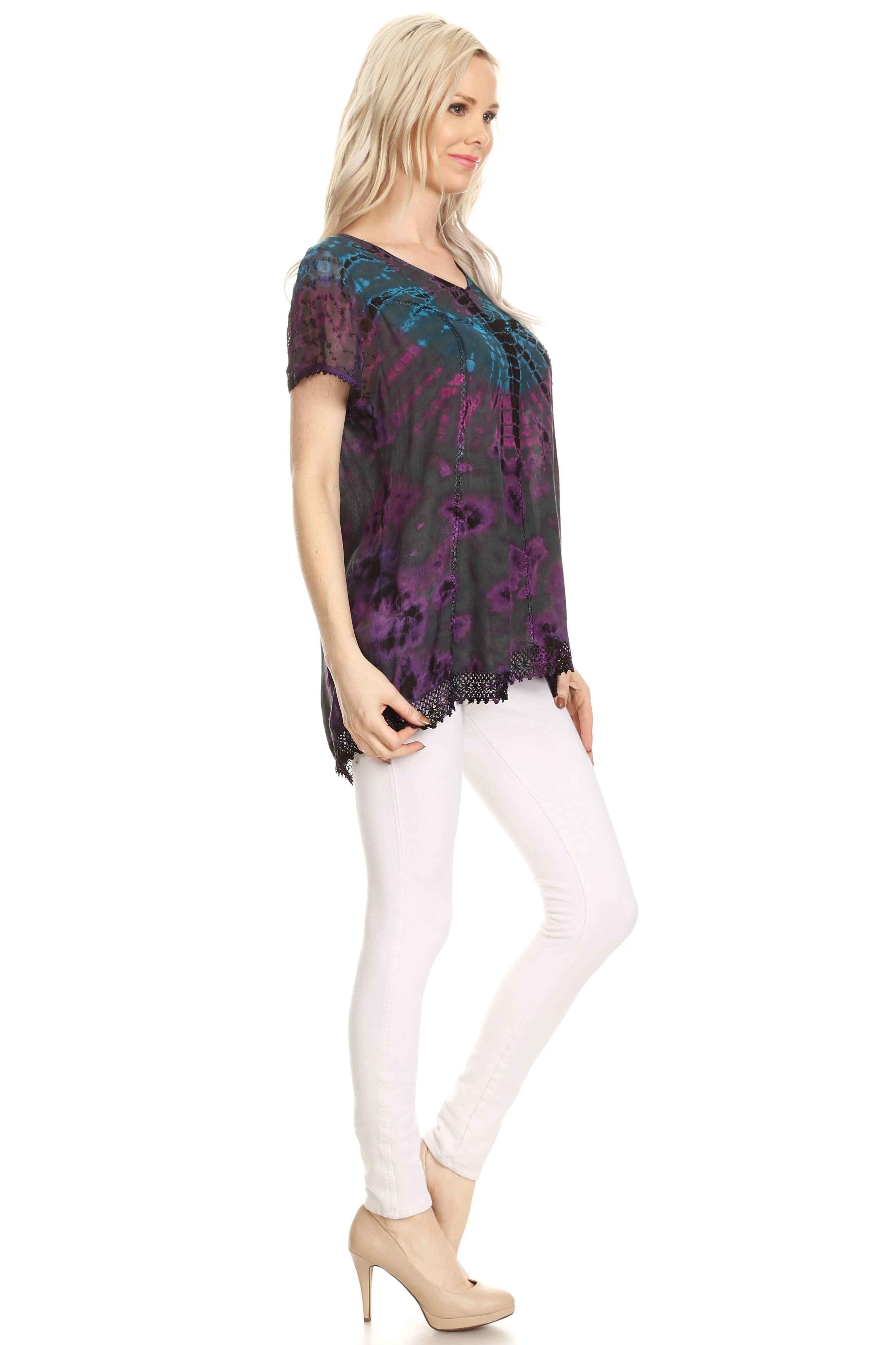 Sakkas Josea Relaxed Fit Tie Dye Embroidered Crepe Cap Sleeve Blouse | Cover Up