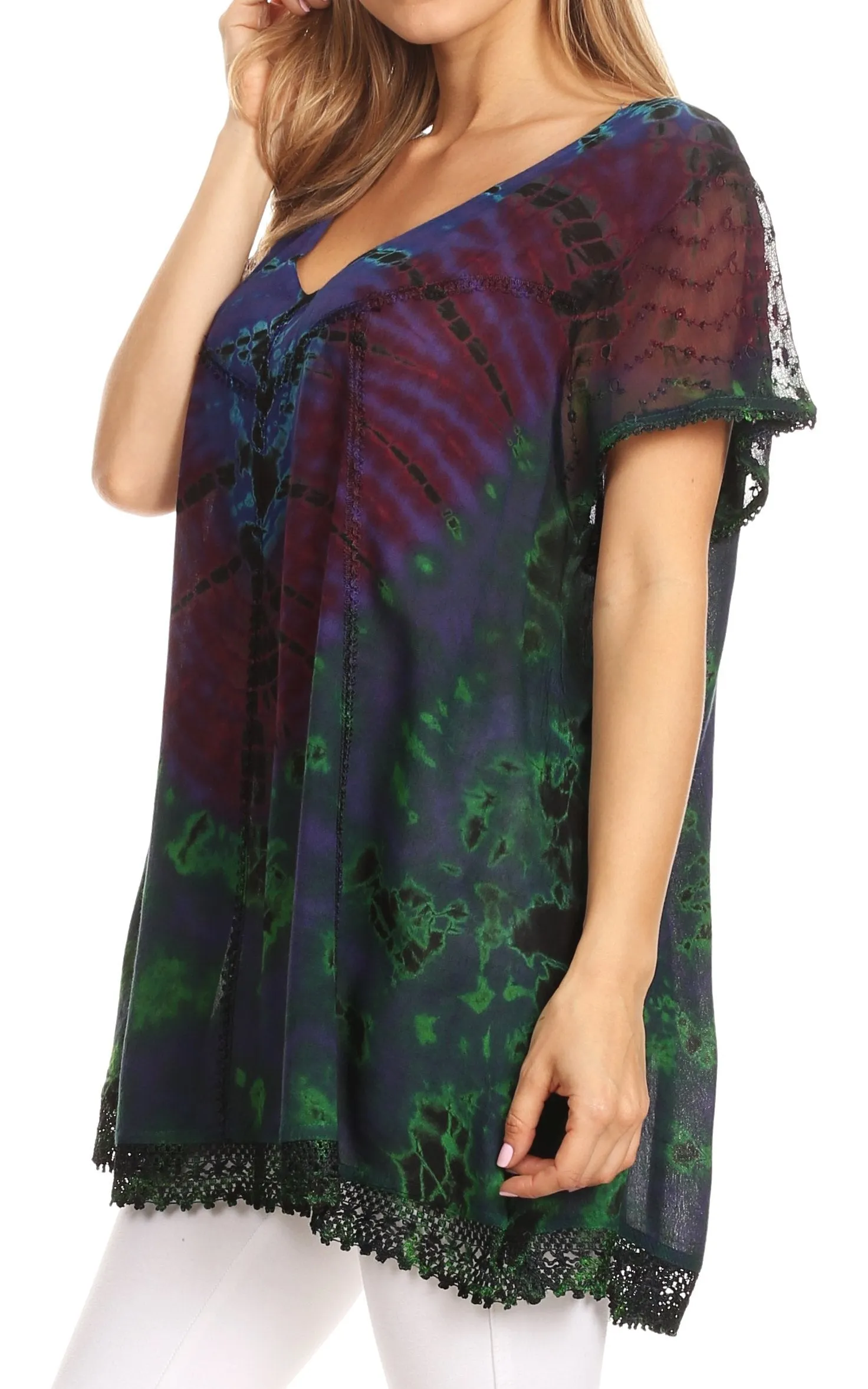 Sakkas Josea Relaxed Fit Tie Dye Embroidered Crepe Cap Sleeve Blouse | Cover Up