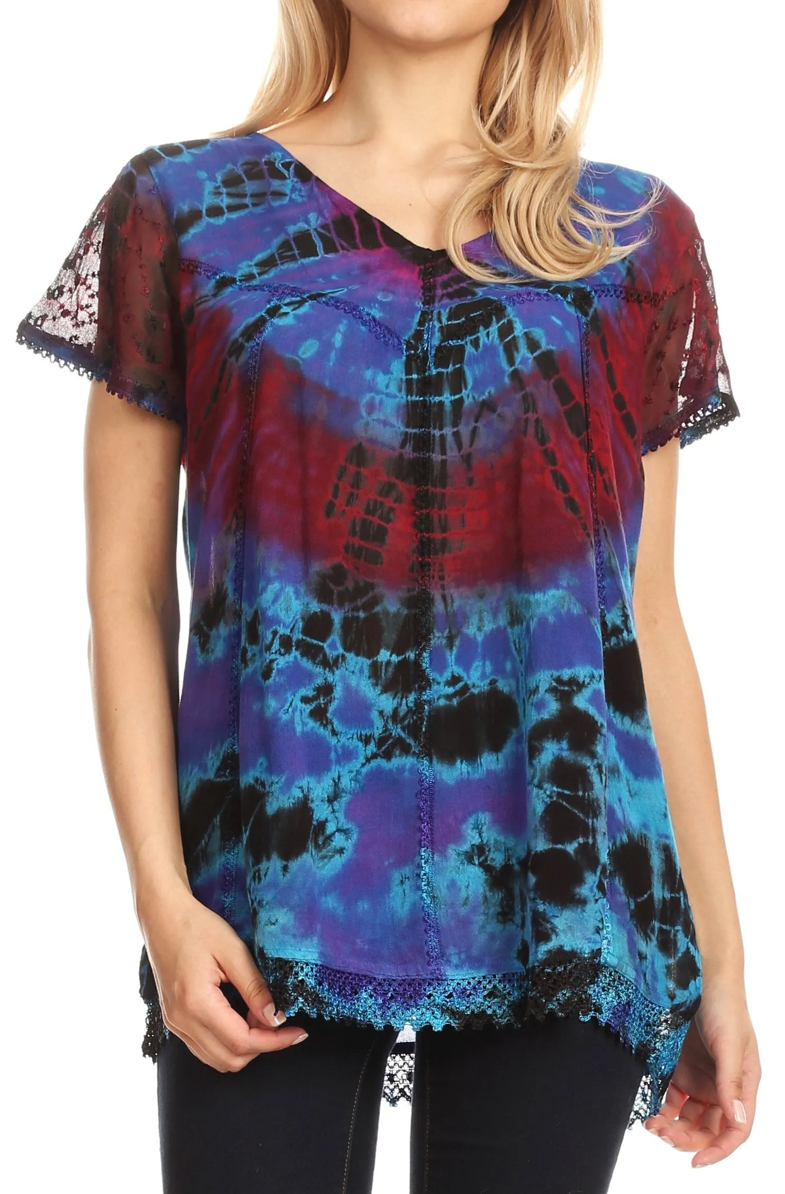 Sakkas Josea Relaxed Fit Tie Dye Embroidered Crepe Cap Sleeve Blouse | Cover Up