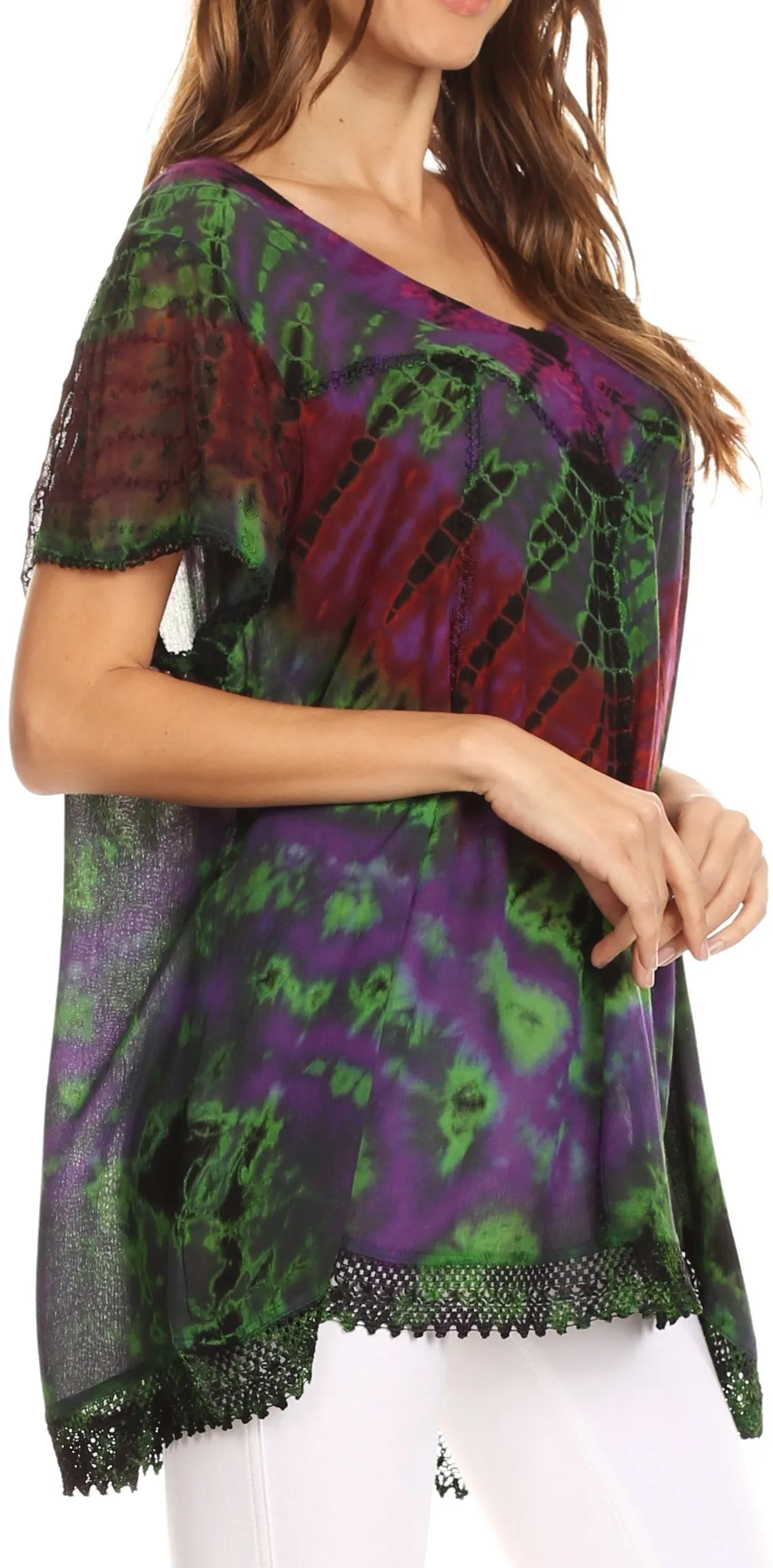 Sakkas Josea Relaxed Fit Tie Dye Embroidered Crepe Cap Sleeve Blouse | Cover Up