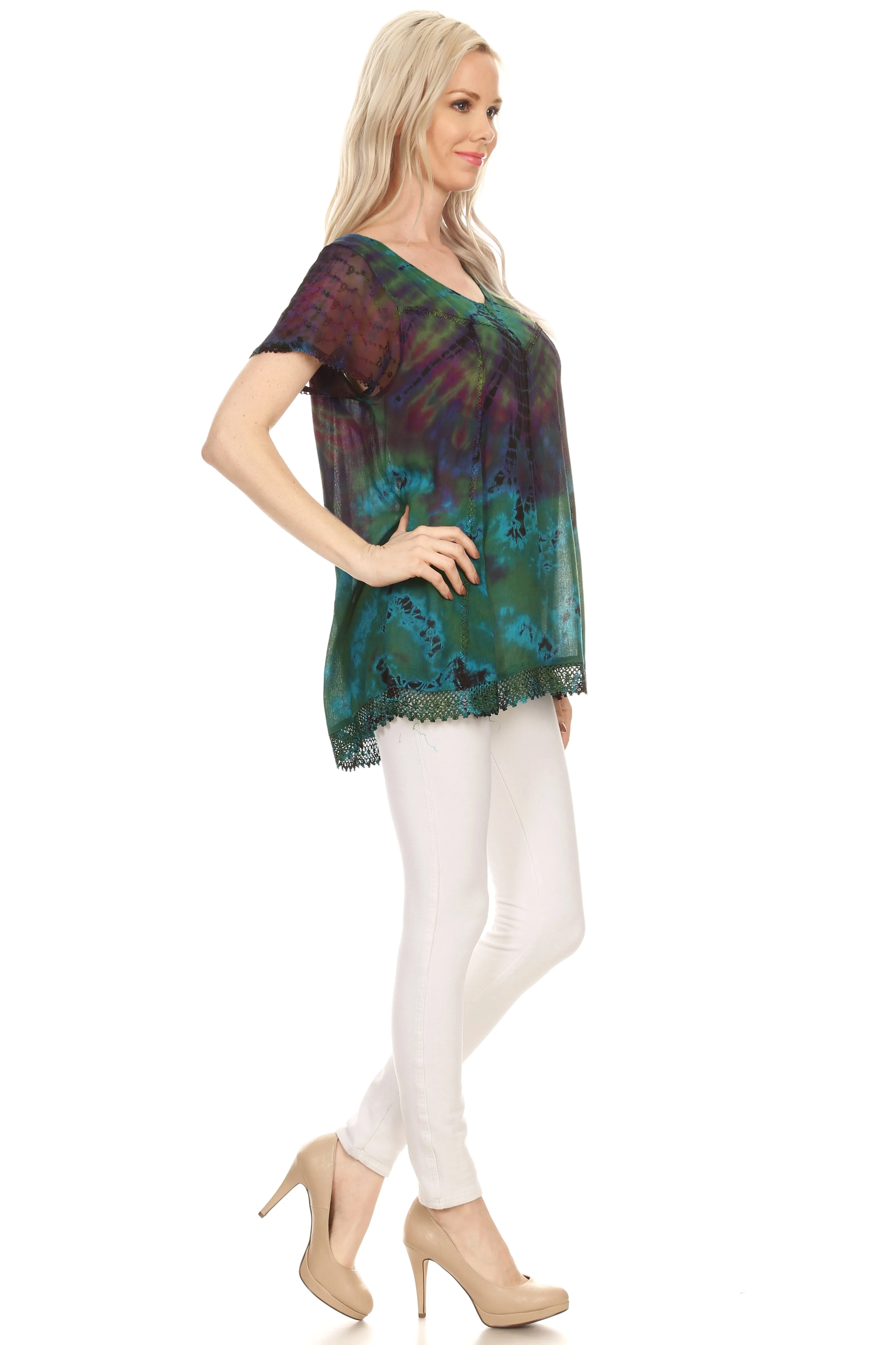 Sakkas Josea Relaxed Fit Tie Dye Embroidered Crepe Cap Sleeve Blouse | Cover Up