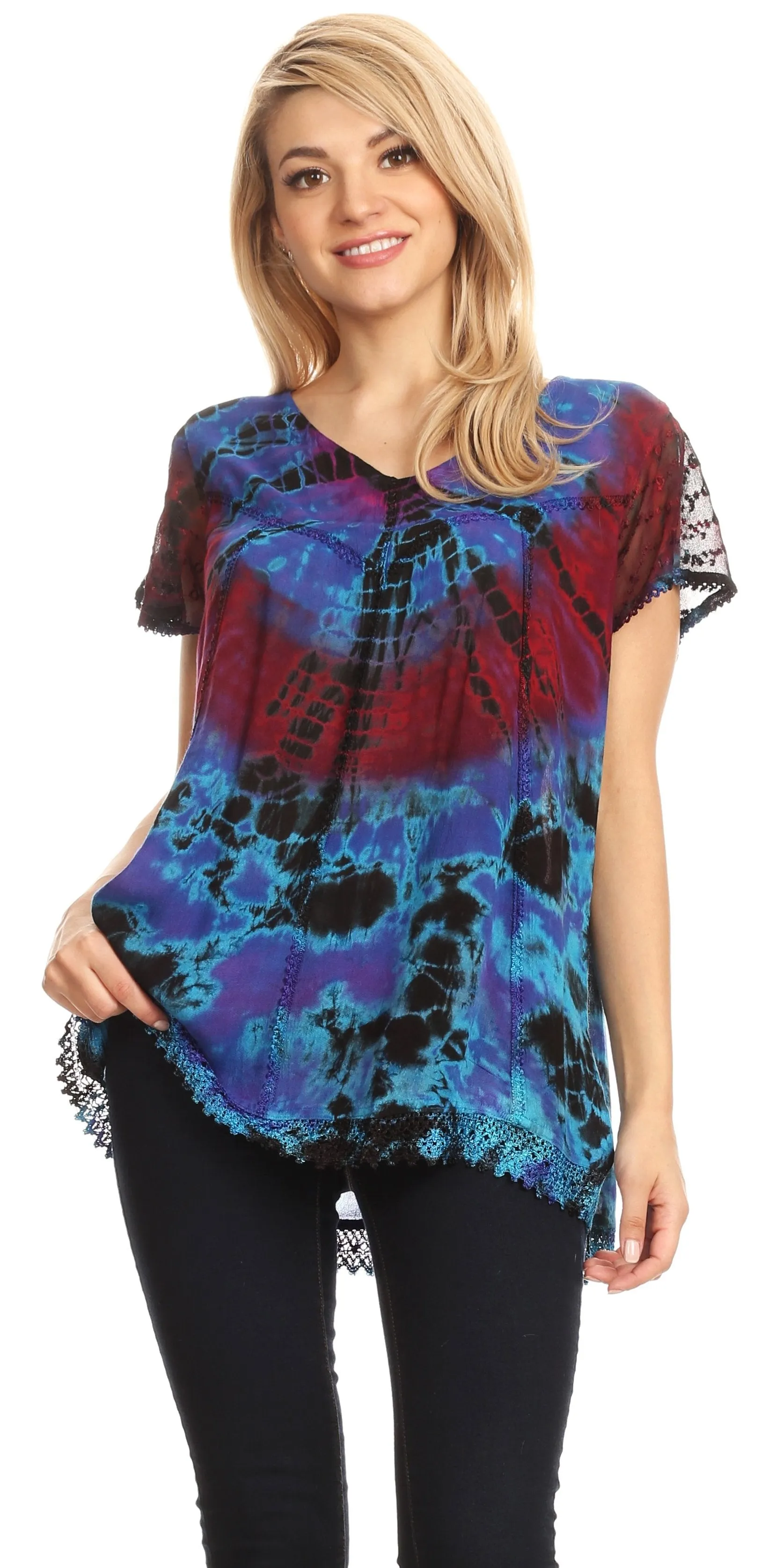 Sakkas Josea Relaxed Fit Tie Dye Embroidered Crepe Cap Sleeve Blouse | Cover Up