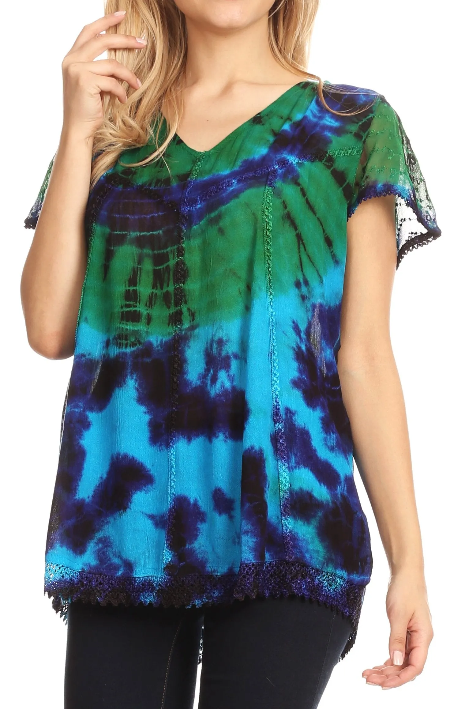 Sakkas Josea Relaxed Fit Tie Dye Embroidered Crepe Cap Sleeve Blouse | Cover Up