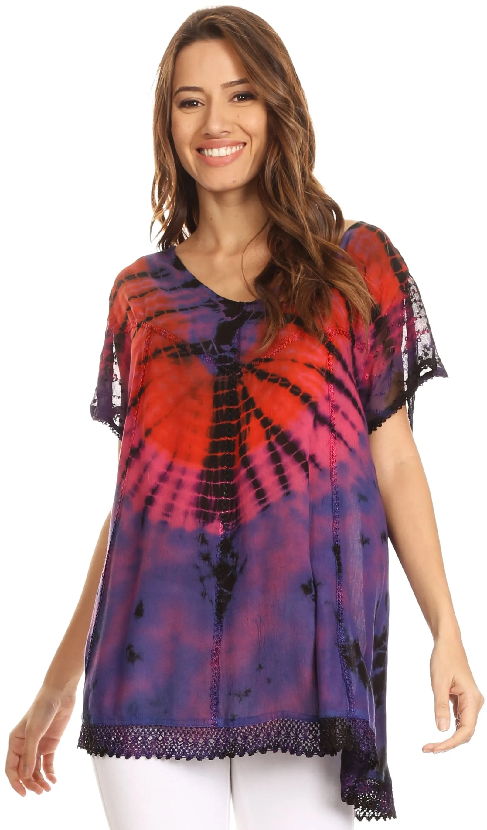 Sakkas Josea Relaxed Fit Tie Dye Embroidered Crepe Cap Sleeve Blouse | Cover Up