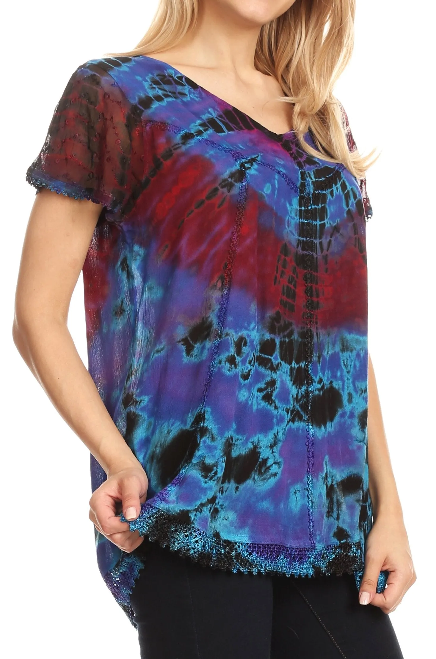 Sakkas Josea Relaxed Fit Tie Dye Embroidered Crepe Cap Sleeve Blouse | Cover Up