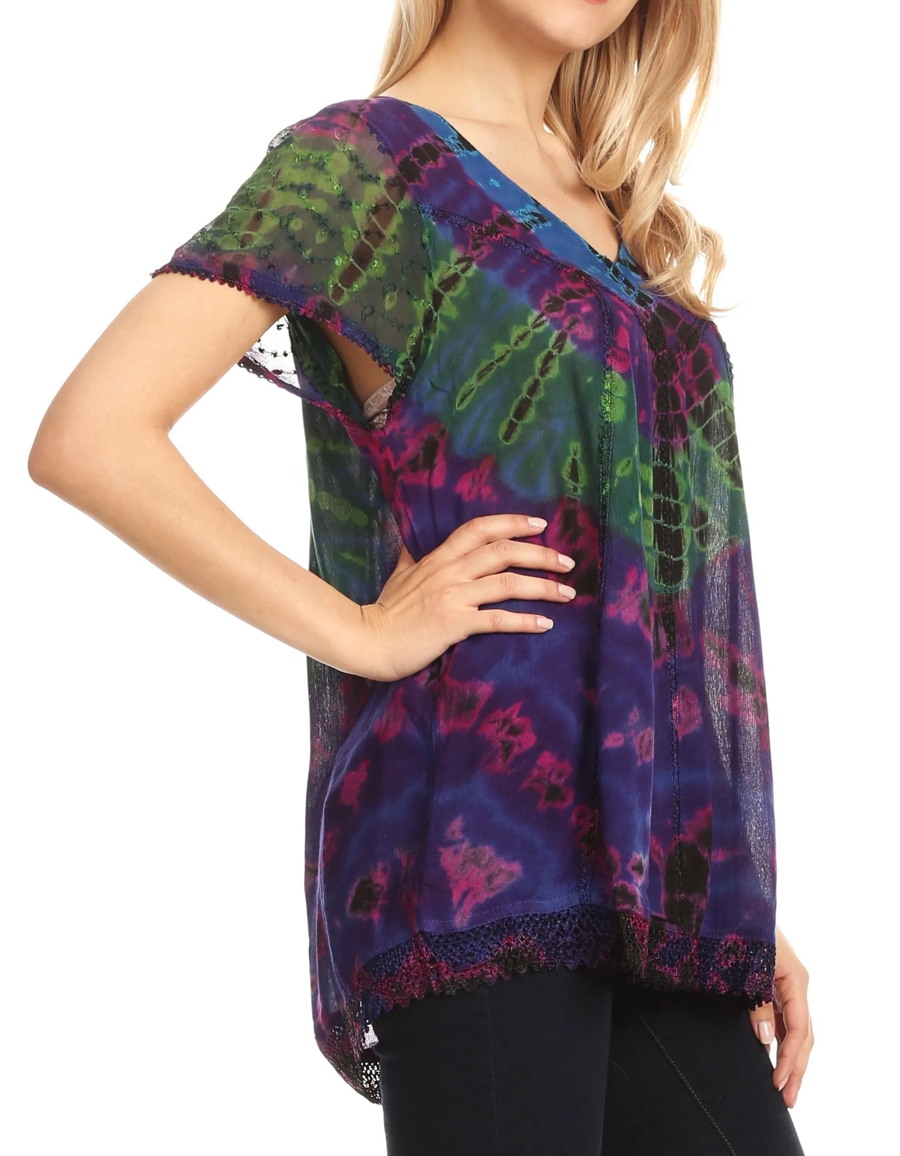 Sakkas Josea Relaxed Fit Tie Dye Embroidered Crepe Cap Sleeve Blouse | Cover Up