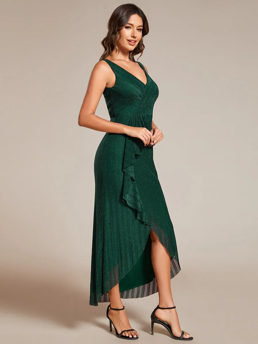 Shimmer V Neck Midi Length Wedding Guest Dress With Spaghetti Straps