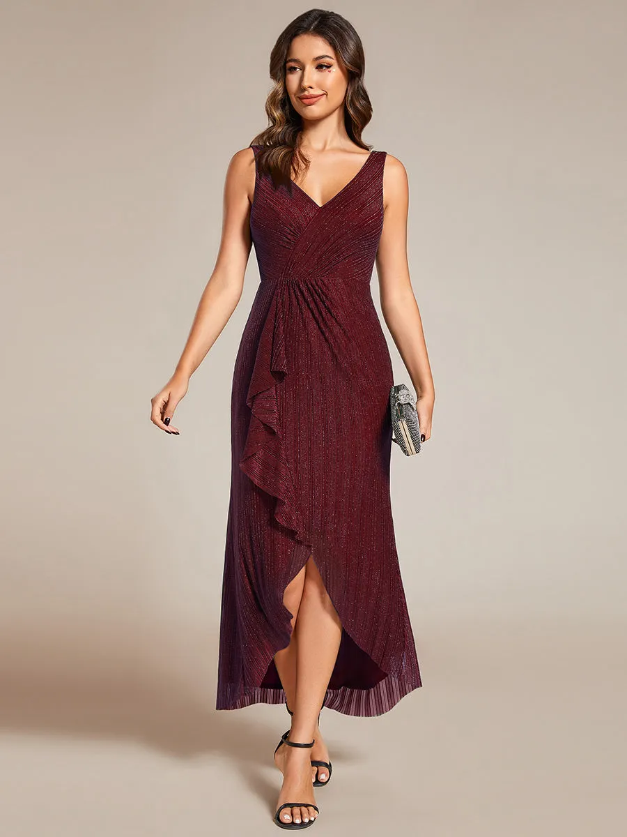 Shimmer V Neck Midi Length Wedding Guest Dress With Spaghetti Straps