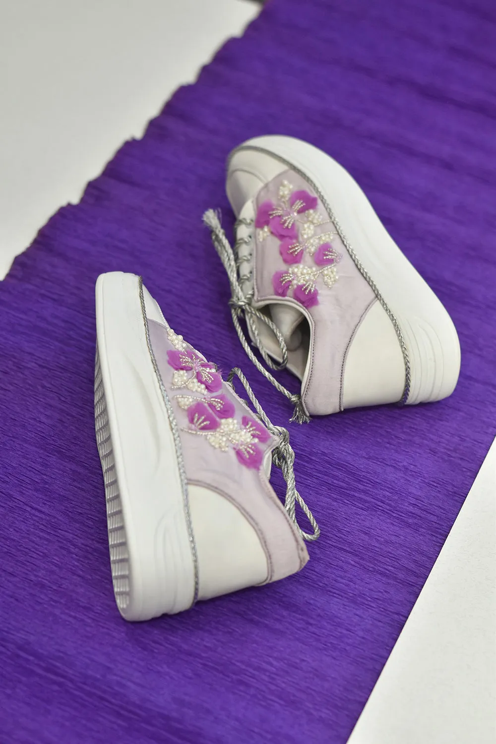 Silver Poly Silk & Rexine Embroidered Sneakers