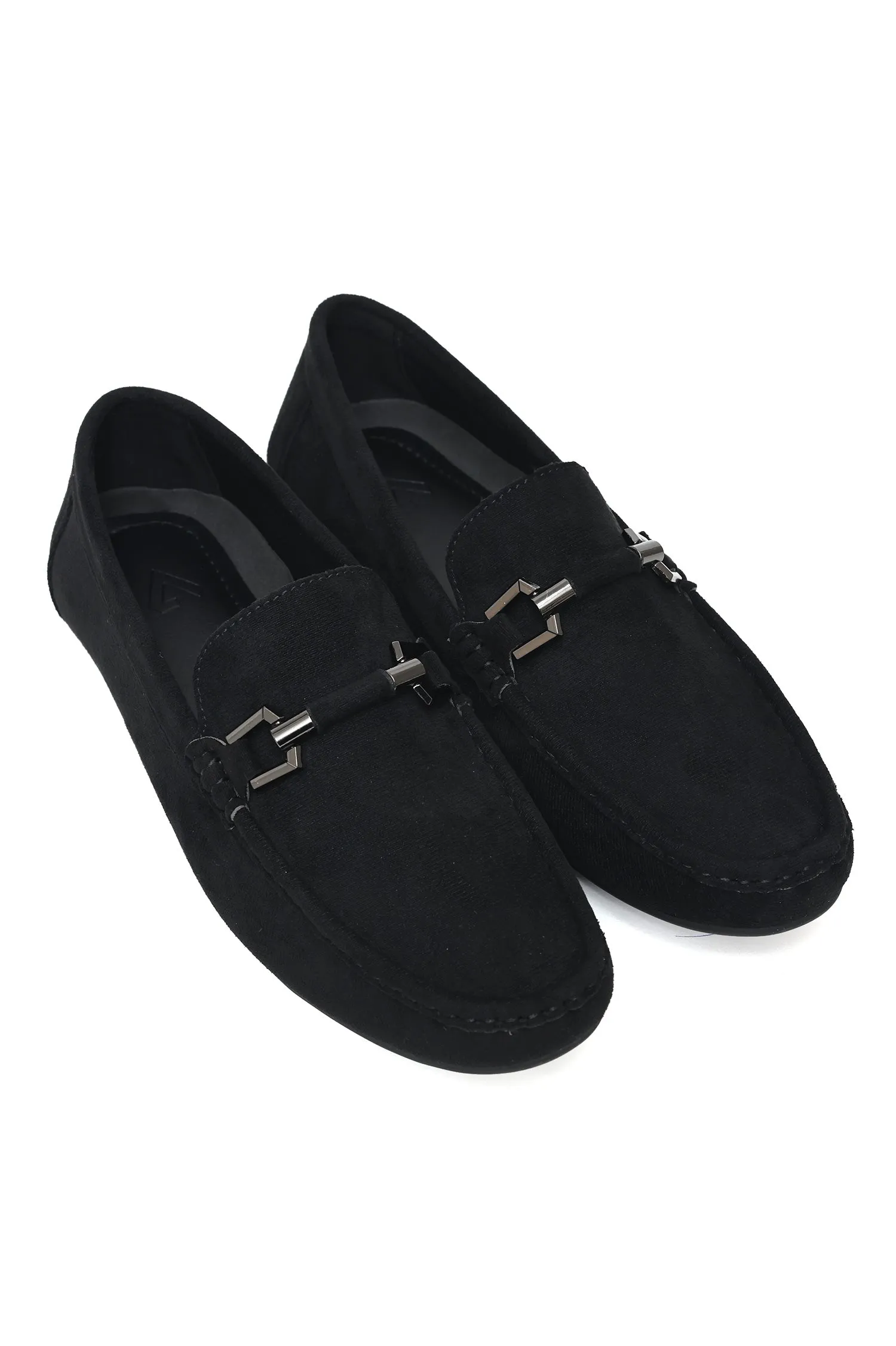 SUEDE LOAFERS WITH ROUNDED TOE AND METALLIC EMBELLISHMENT-BLACK