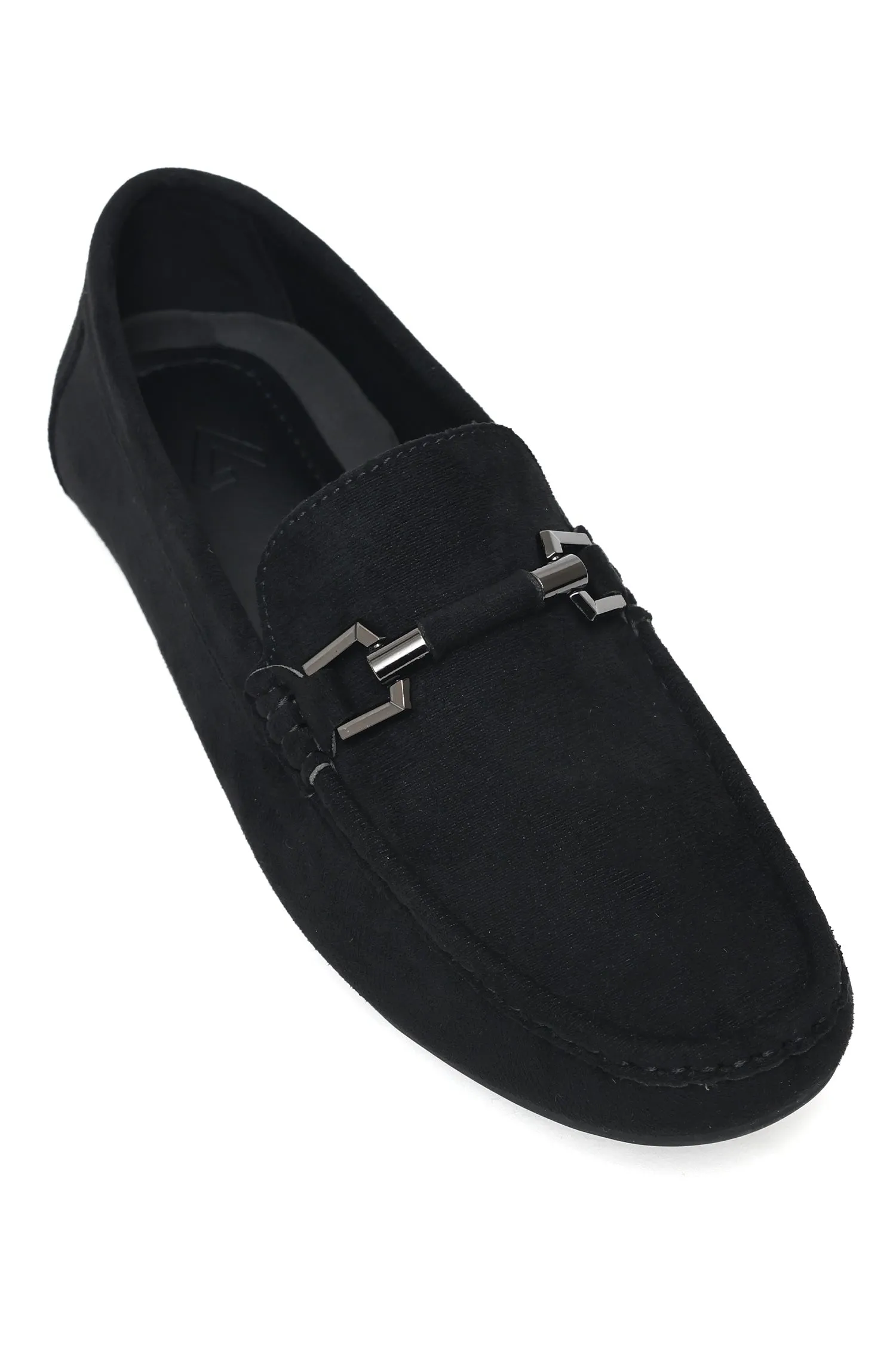 SUEDE LOAFERS WITH ROUNDED TOE AND METALLIC EMBELLISHMENT-BLACK