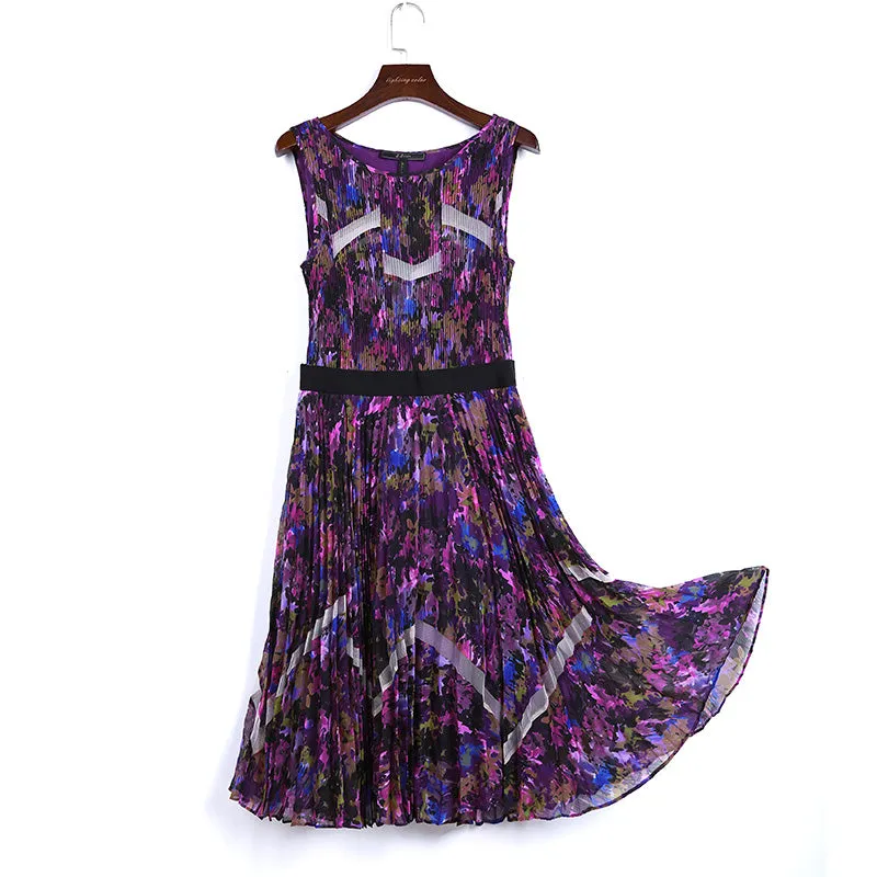 V795 Women floral print chiffon color-block tulle-panelled pleated midi dress