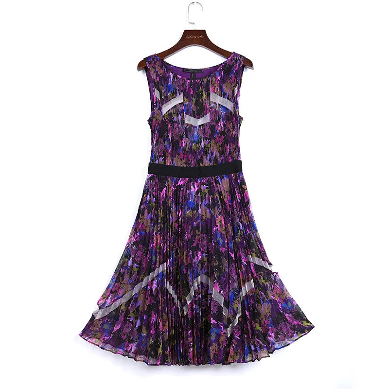 V795 Women floral print chiffon color-block tulle-panelled pleated midi dress