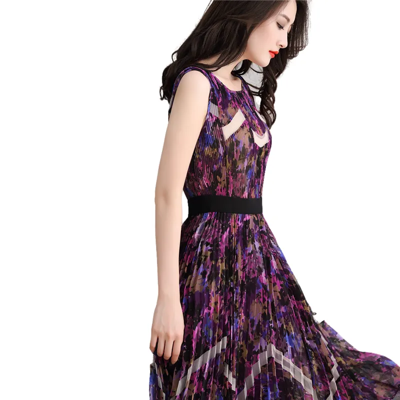 V795 Women floral print chiffon color-block tulle-panelled pleated midi dress