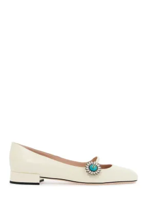 Valentino Garavani Ivory Kid Leather Ballerinas With Crystal Flower