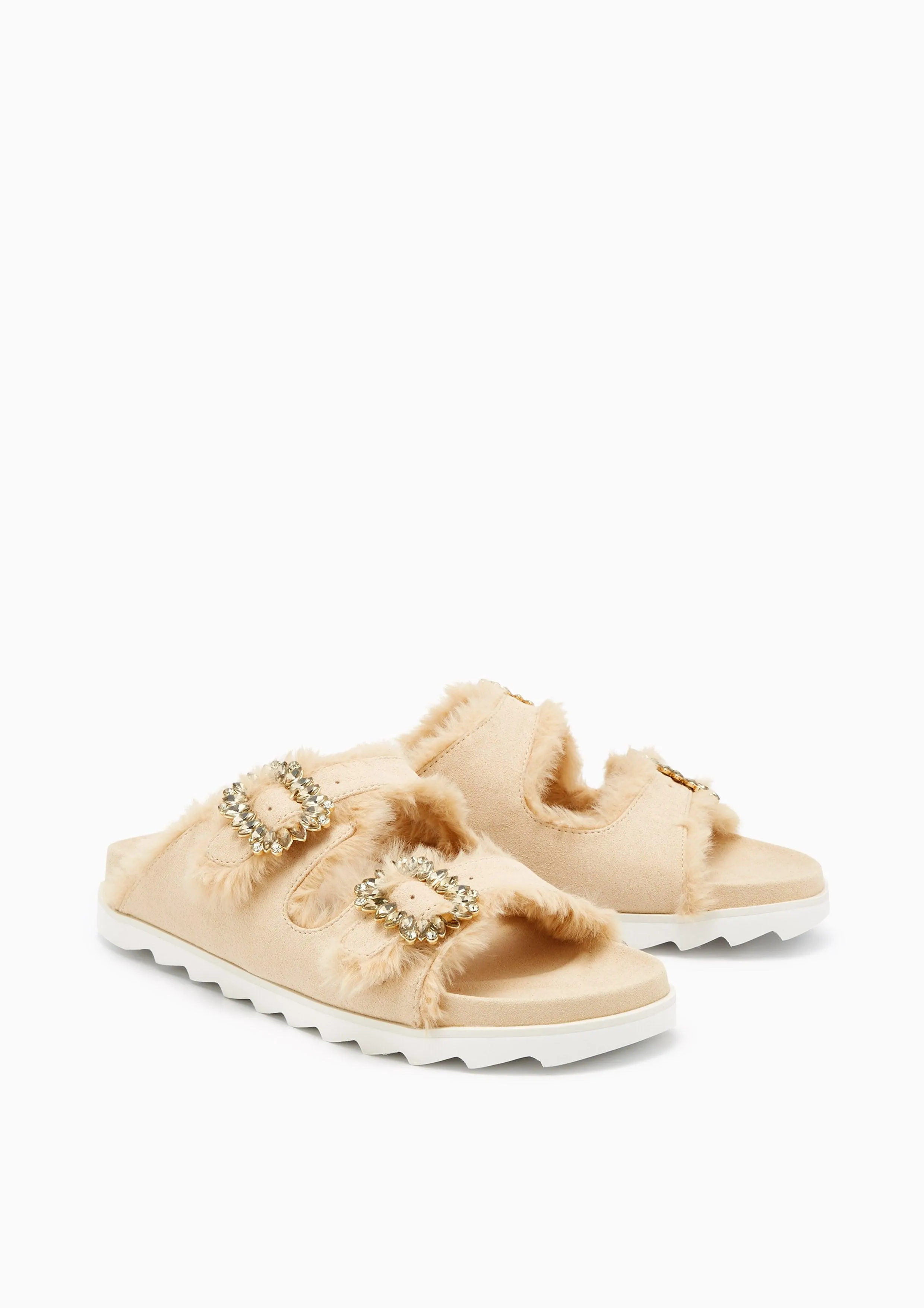 Veeni Furry Flat Sandals Beige