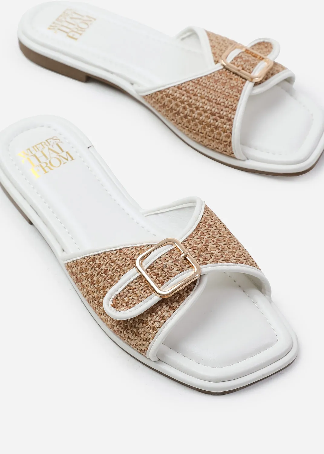 VERMONT FRONT BUCKLE RAFFIA SLIDERS IN WHITE FAUX LEATHER