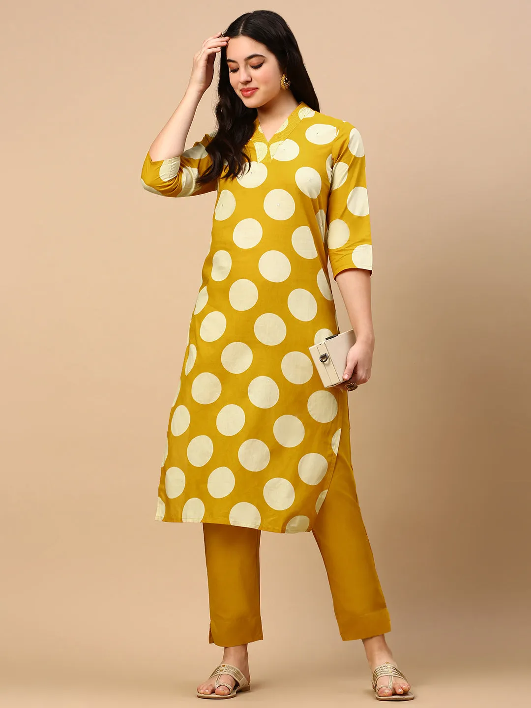 Women Geometric Yellow Straight Kurta Set