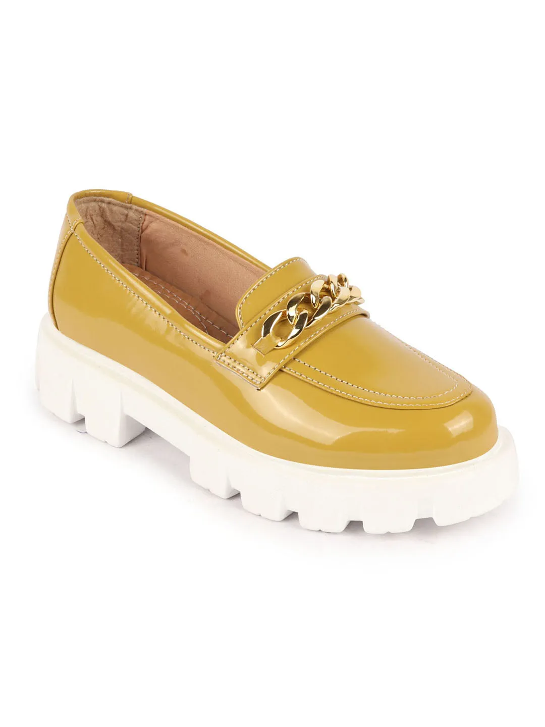 Women Mustard Patent Leather Shiny Chain Buckle Classic Casual Slip On Loafer Shoes