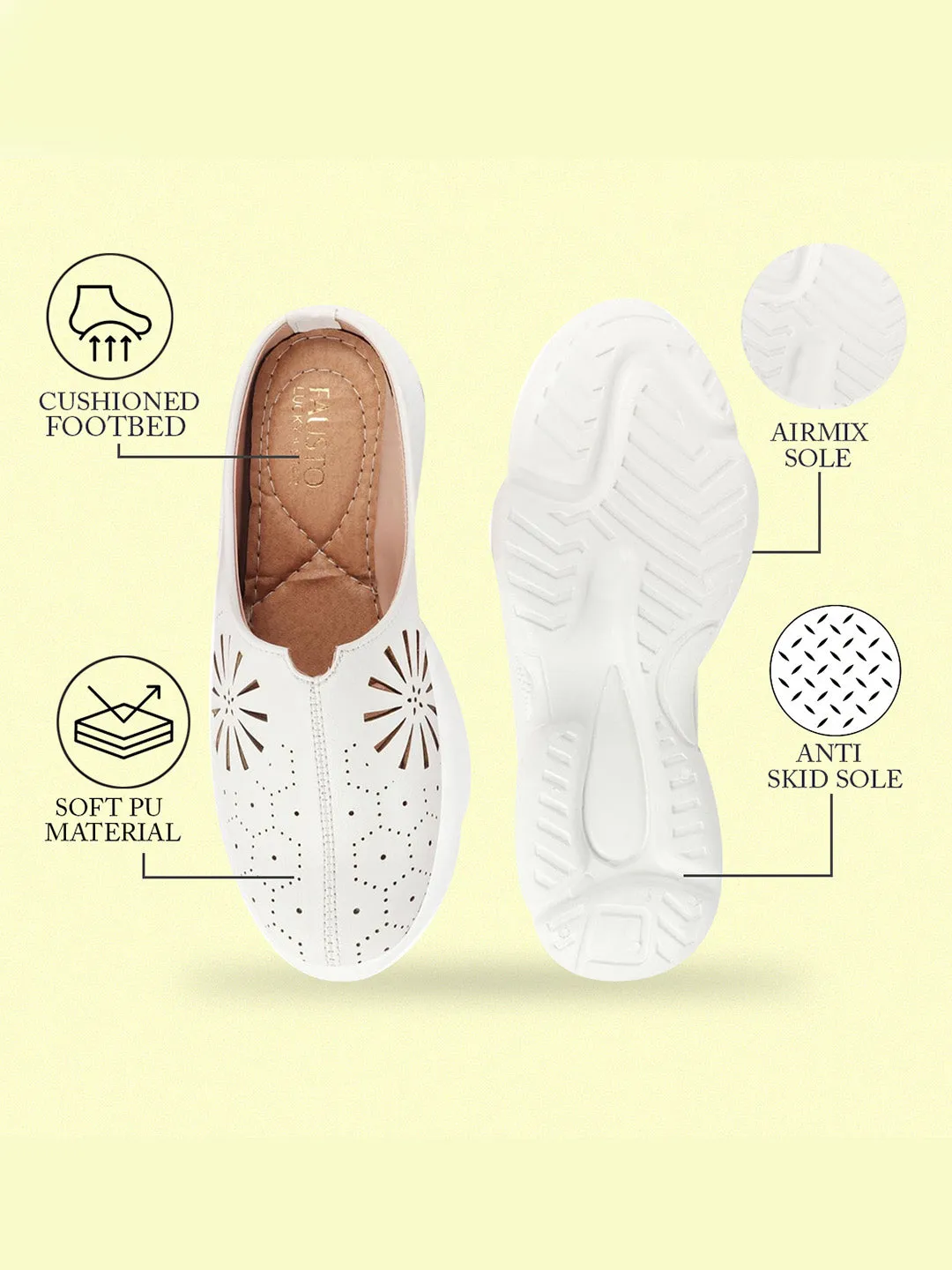 Women White Laser Cut Design Stitched Breathable Back Open Slip On Mules Shoes