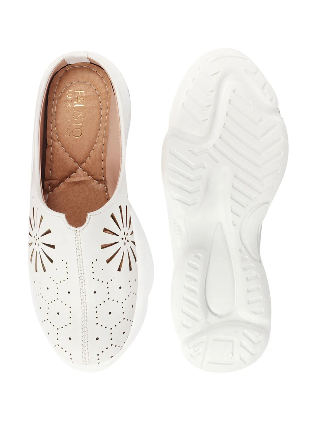 Women White Laser Cut Design Stitched Breathable Back Open Slip On Mules Shoes