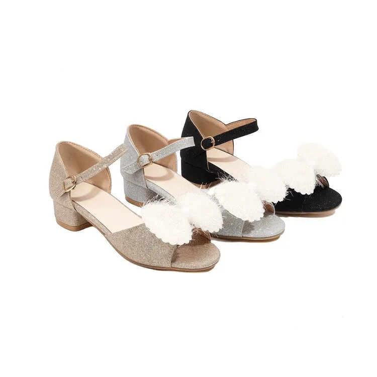 Women's Bling Bling Solid Color Fur Butterfly Knot Hollow Out Ankle Strap Block Heel Sandals