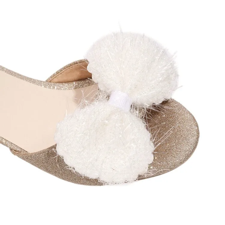 Women's Bling Bling Solid Color Fur Butterfly Knot Hollow Out Ankle Strap Block Heel Sandals