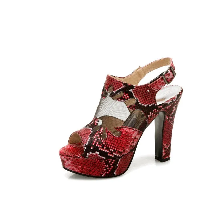 Women's Snake Print Peep Toe Hollow Out Chunky Heel Platform Sandals