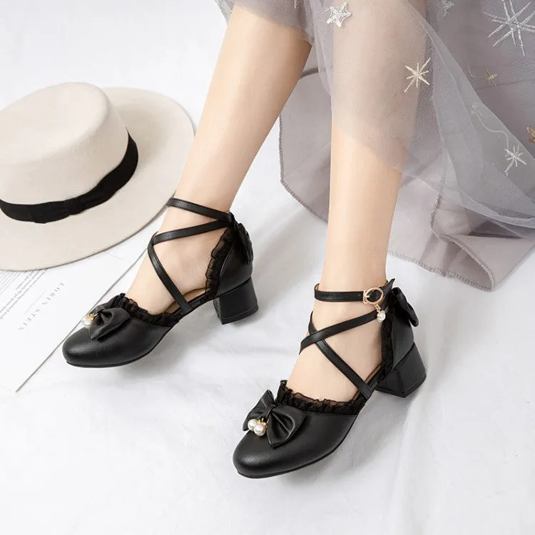 Women's Solid Color Lace Butterfly Knot Hollow Out Block Heel Sandals