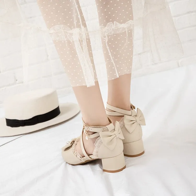 Women's Solid Color Lace Butterfly Knot Hollow Out Block Heel Sandals