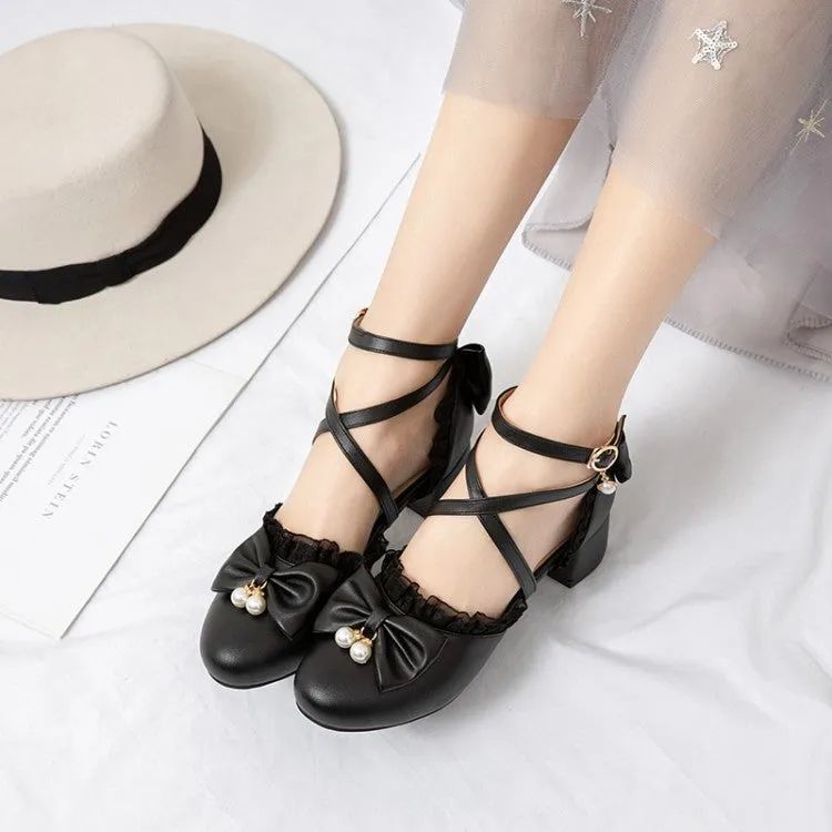 Women's Solid Color Lace Butterfly Knot Hollow Out Block Heel Sandals