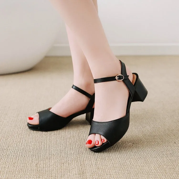 Women's Solid Color Peep Toe Ankle Strap Block Heel Sandals