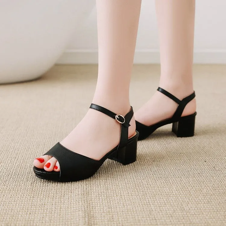 Women's Solid Color Peep Toe Ankle Strap Block Heel Sandals