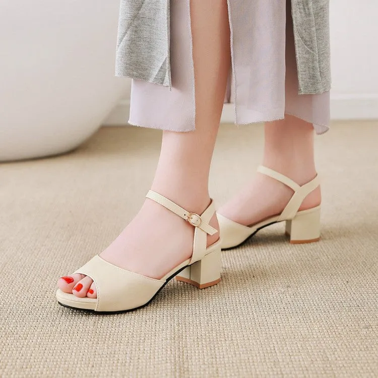 Women's Solid Color Peep Toe Ankle Strap Block Heel Sandals