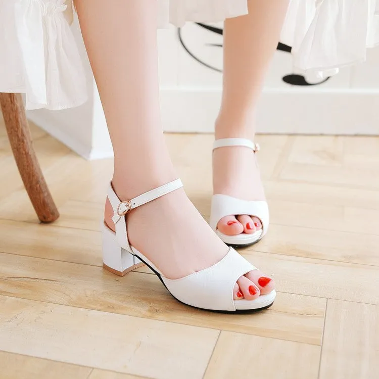 Women's Solid Color Peep Toe Ankle Strap Block Heel Sandals