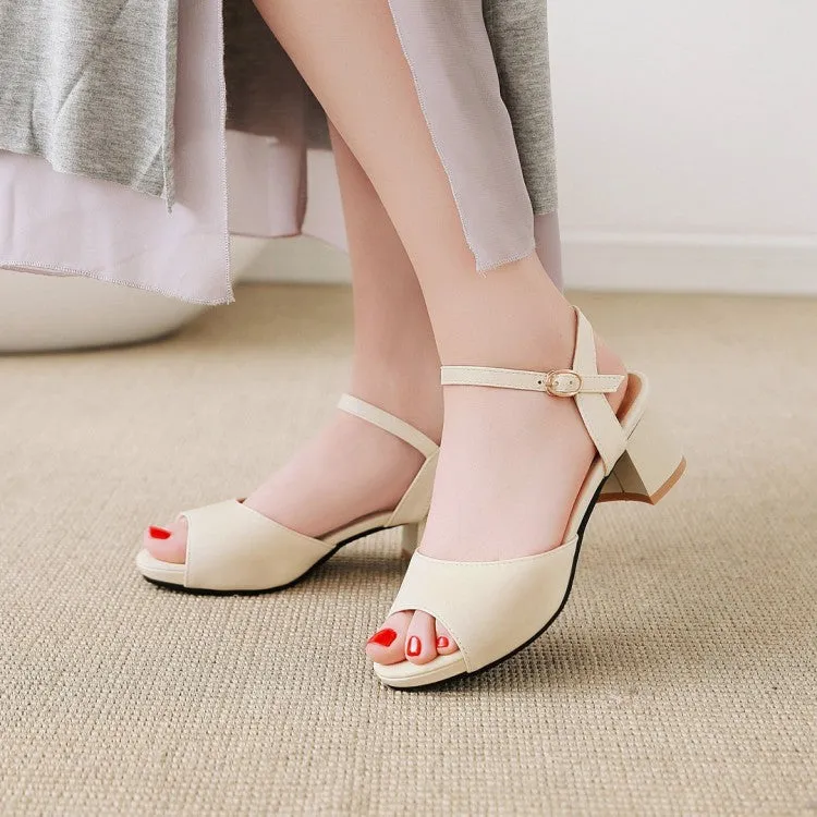 Women's Solid Color Peep Toe Ankle Strap Block Heel Sandals