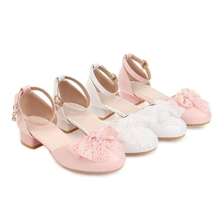 Women's Solid Color Round Toe Lace Butterfly Knot Ankle Strap Block Heel Low Heels Sandals