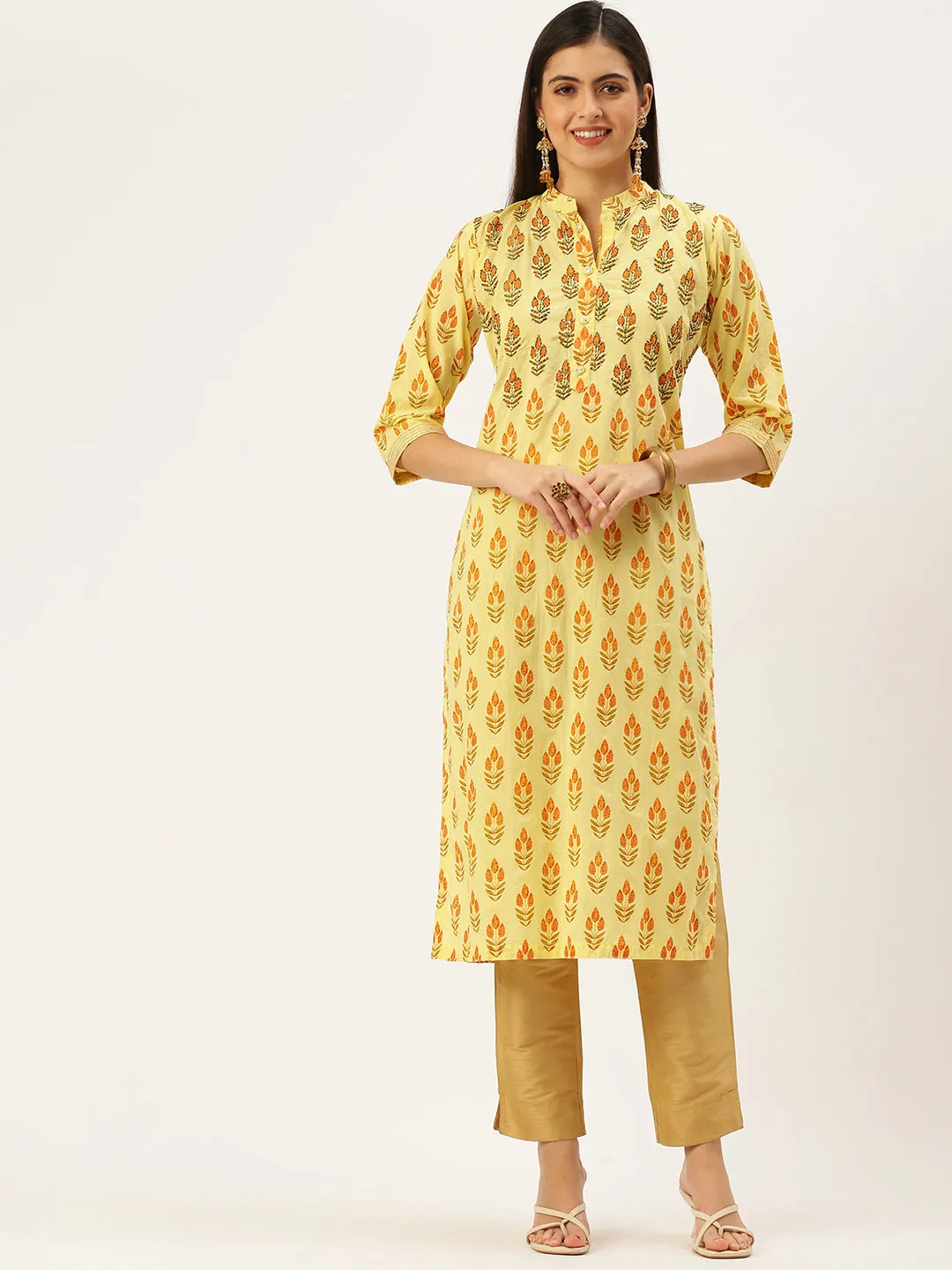 Women's Yellow Printed Straight Kurtas