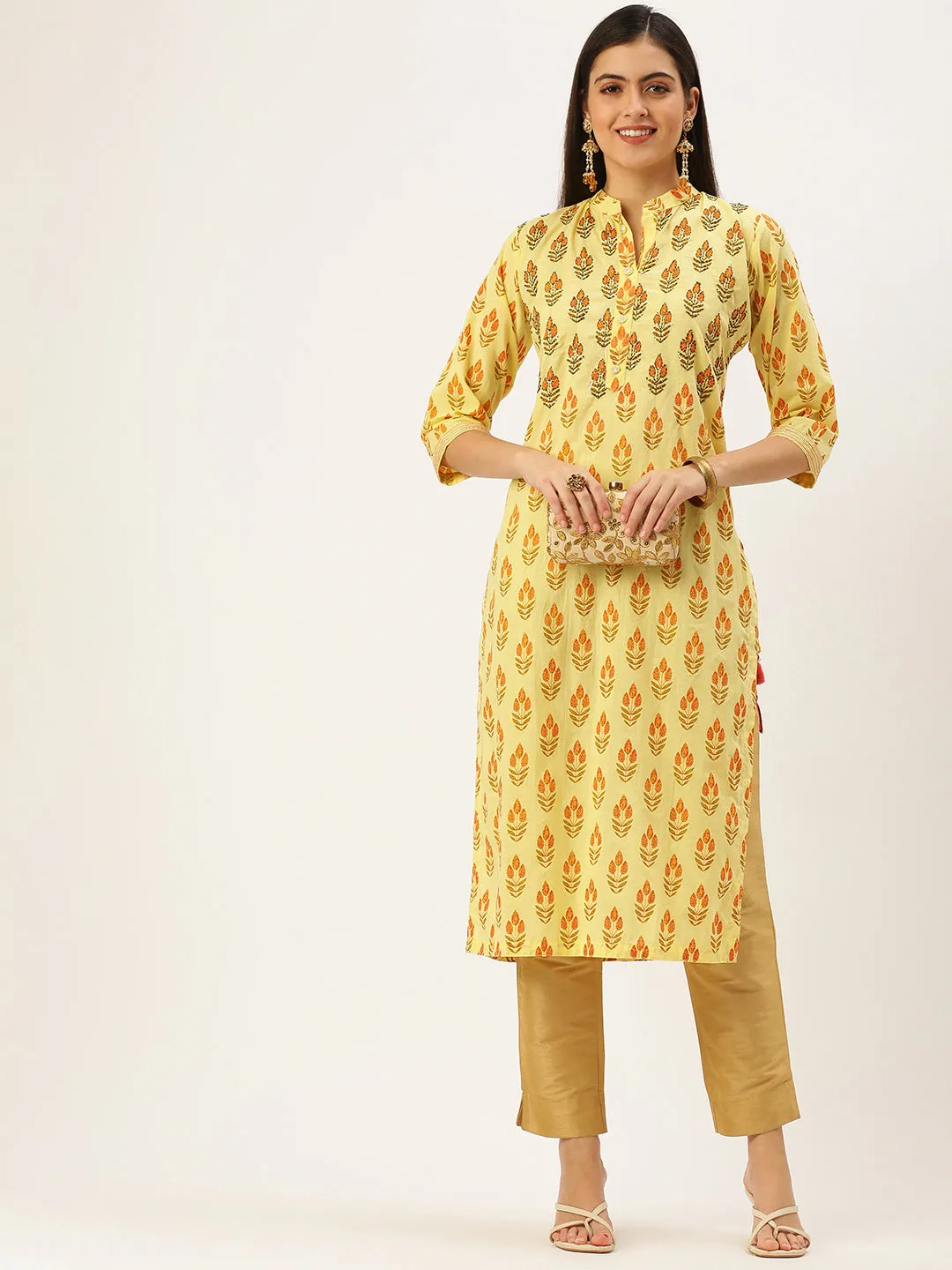 Women's Yellow Printed Straight Kurtas