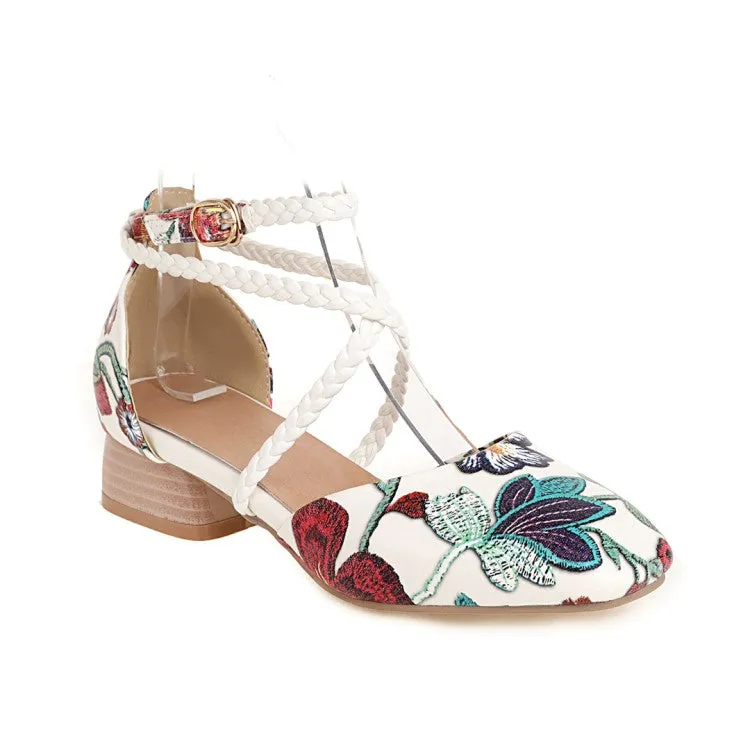 Women's's Ankle Strap Flower Printed Block Heels Sandals